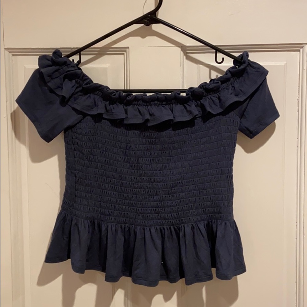 BCBG navy ruffle crop top